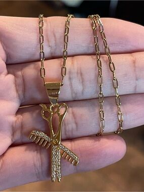 Gold Scissors and Comb Pendant Necklace